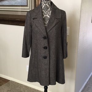 CAbi swing jacket. Black/gray tweed. 3/4 sleeves. Wool blend. Size 4.
